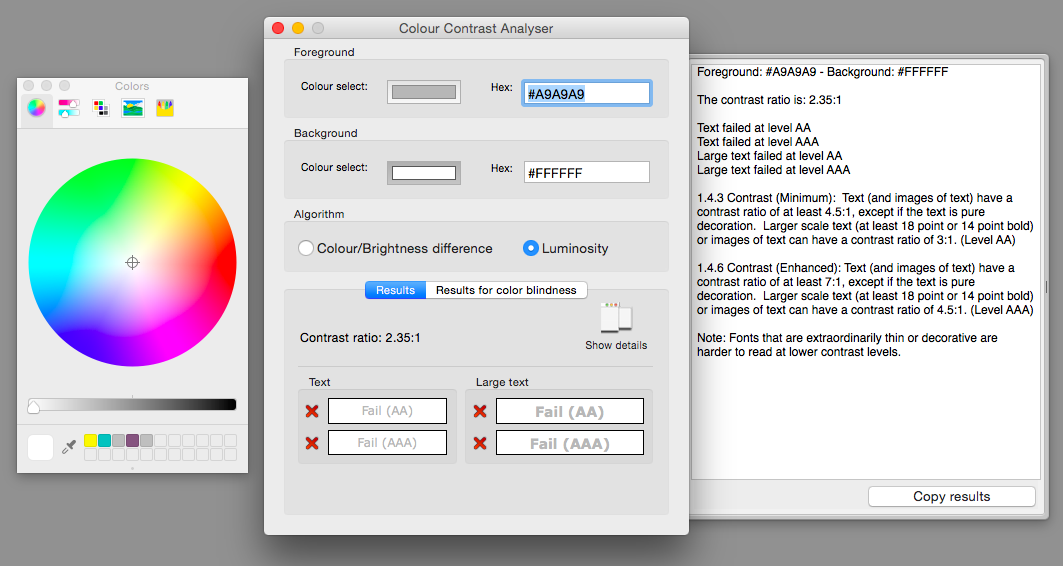 screenshot of colour contrast analyser