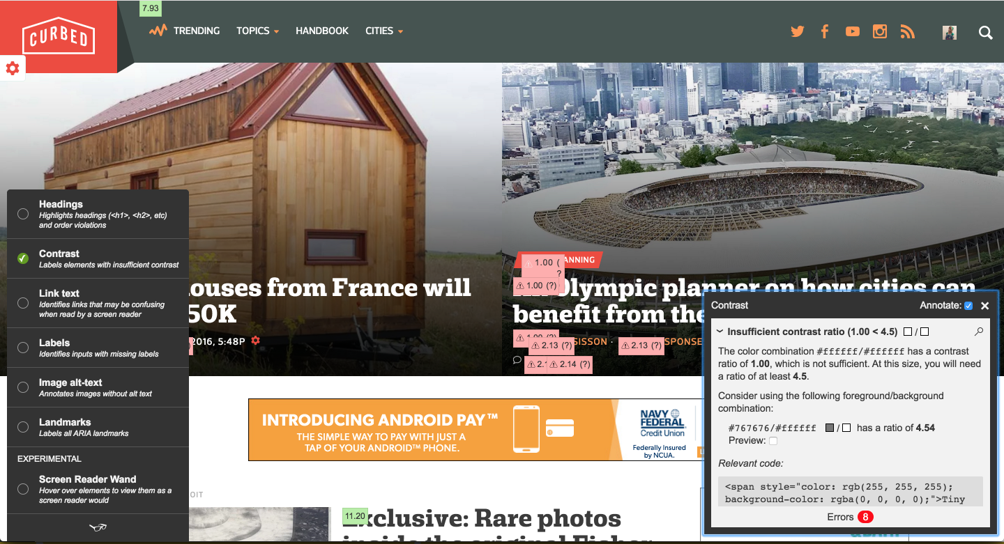 screenshot of tota11y bookmarklet on Curbed
